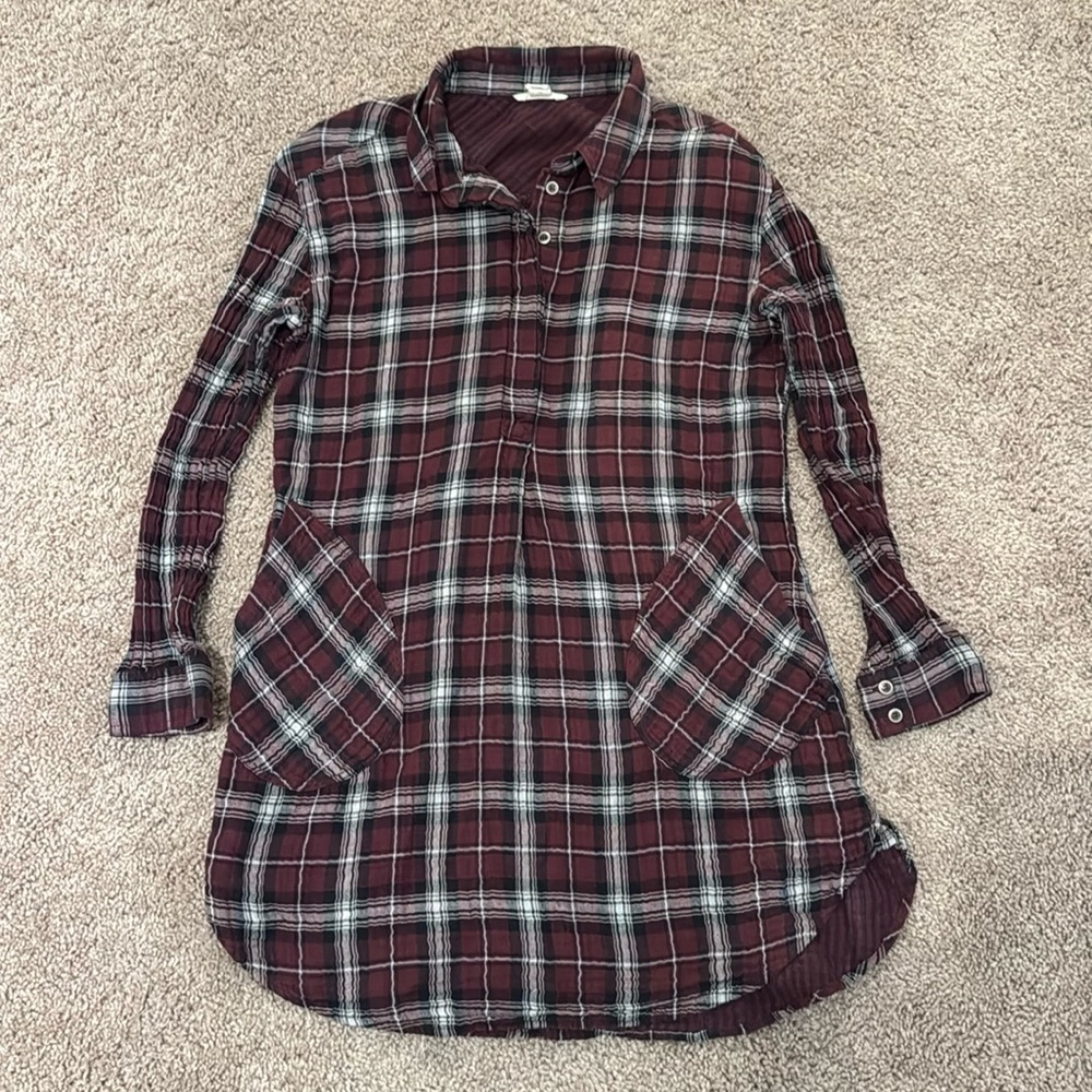 Caslon Plaid Button-Up Tunic - Burgundy and Gray